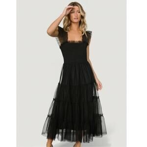 Baltic Born Black Tiered Tulle Midi Dress with Smocked Bodice